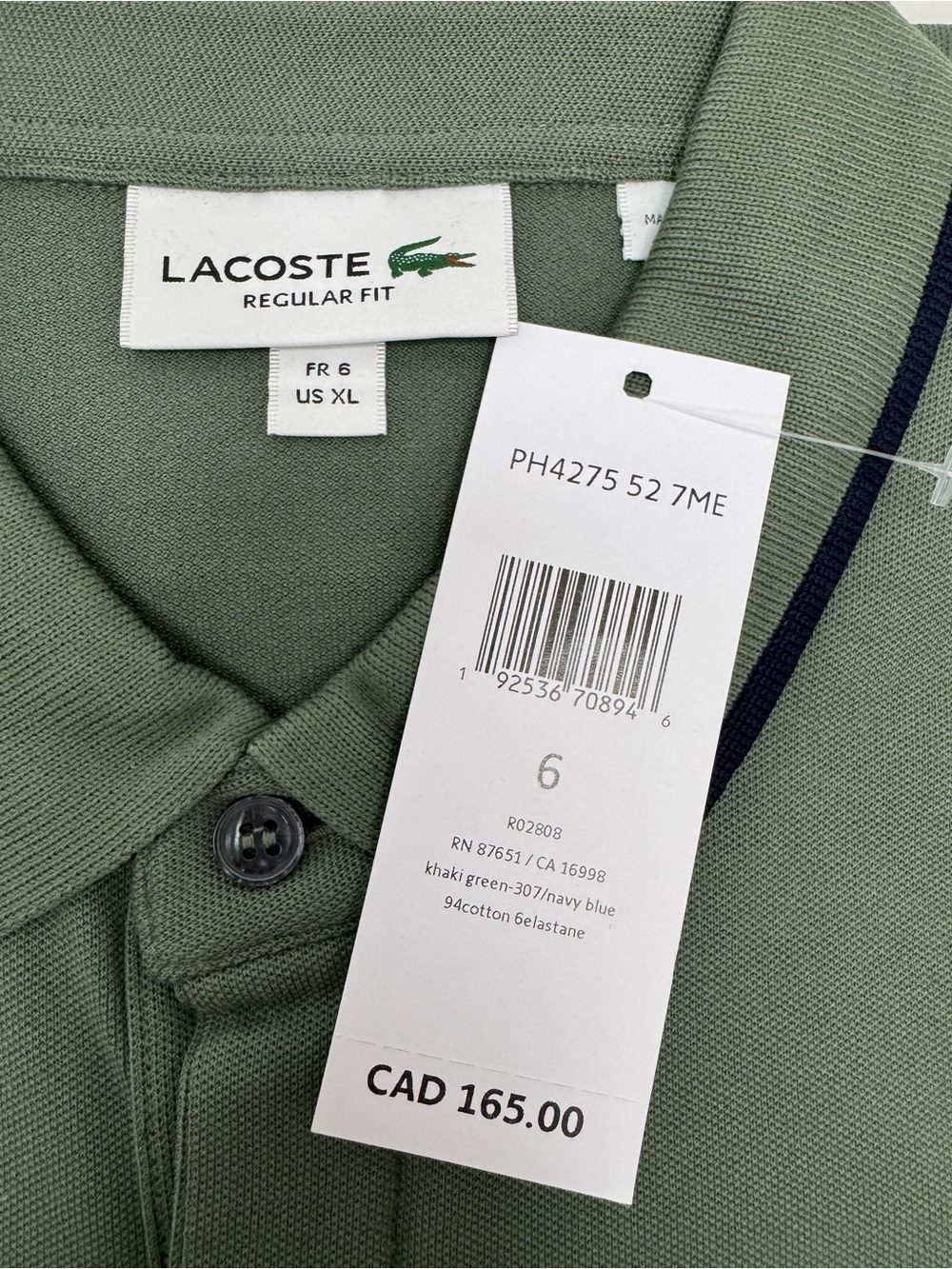 Lacoste Men’s Olive Green Polo with Contrast Navy Trim - Picture 2 of 4